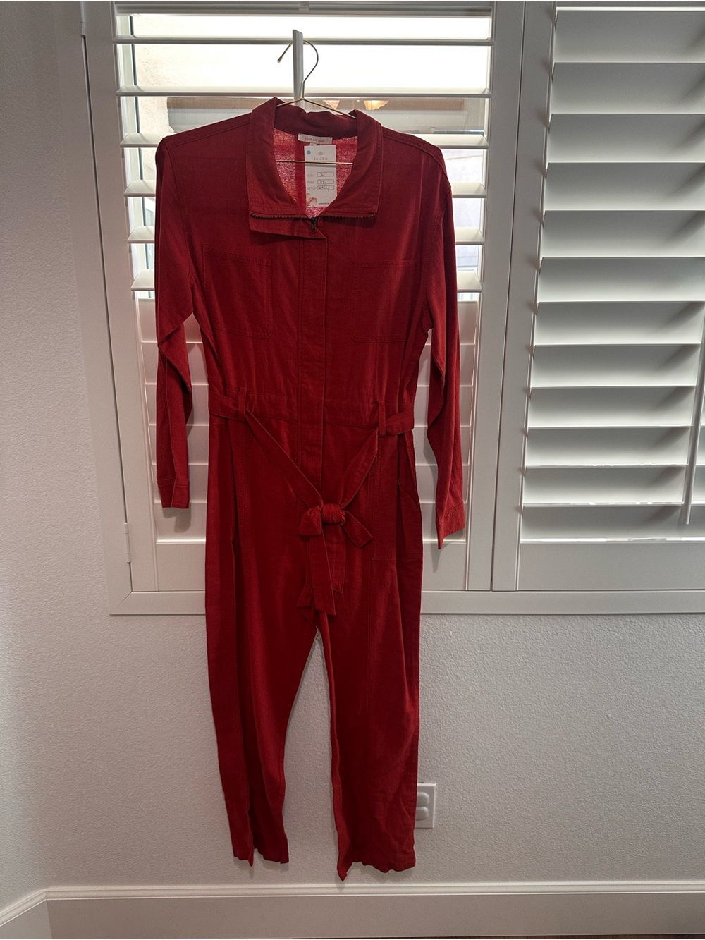 Skies Are Blue Burnt Orange Long-Sleeve Utility Jumpsuit with Tie Belt